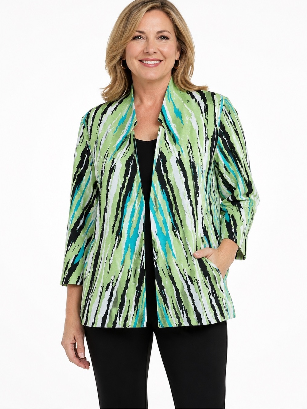 Ming Wang Knit Blazer Blue Green Black White Size XL